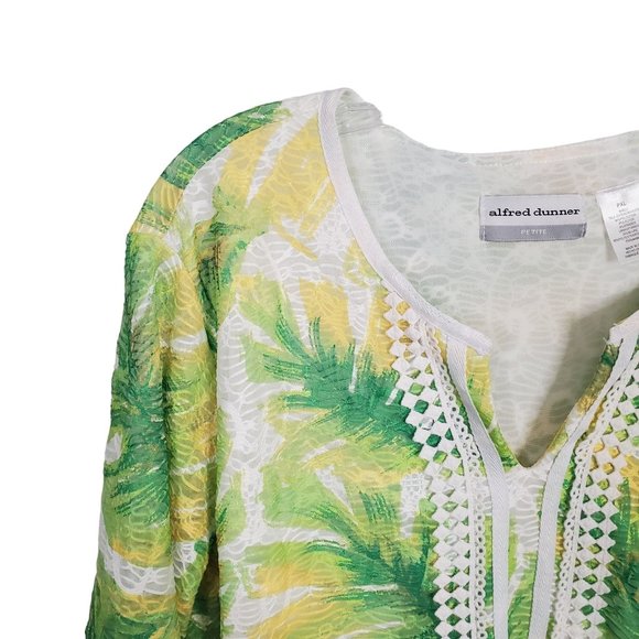 Alfred Dunner Petite Size PXL Blouse Textured Tropical Palm Print Green V-notch - Picture 3 of 6